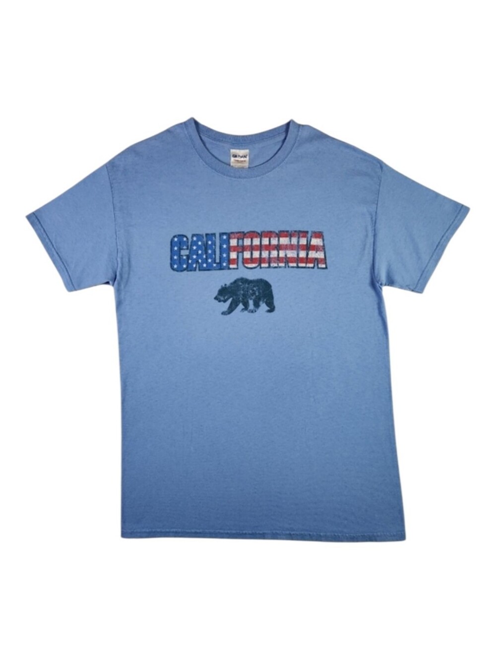 Y2K California Republic Flag Bear Graphic Retro Travel Tee Medium Muted Blue